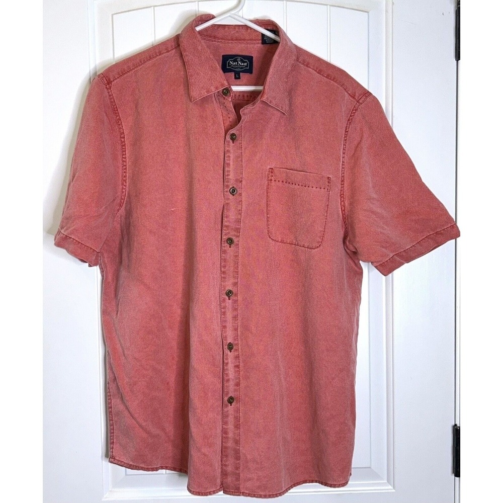 NAT NAST Pinkish BUTTON UP Collared SHIRT Patch Pocket 70% SILK BLEND Mens L
